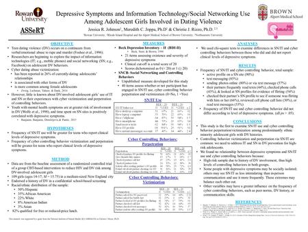 Depressive Symptoms and Information Technology/Social Networking Use Among Adolescent Girls Involved in Dating Violence Jessica R. Johnson 1, Meredith.