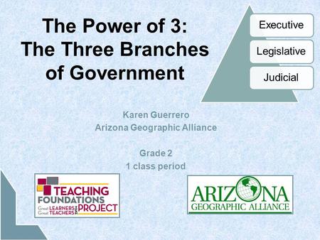 The Power of 3: The Three Branches of Government Karen Guerrero Arizona Geographic Alliance Grade 2 1 class period ExecutiveLegislativeJudicial.