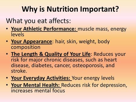 Why is Nutrition Important? What you eat affects: Your Athletic Performance: muscle mass, energy levels Your Appearance: hair, skin, weight, body composition.