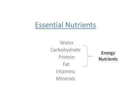 Essential Nutrients Water Carbohydrate Protein Fat Vitamins Minerals Energy Nutrients.