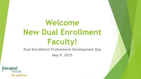 Welcome New Dual Enrollment Faculty! Dual Enrollment Professional Development Day May 9, 2015.