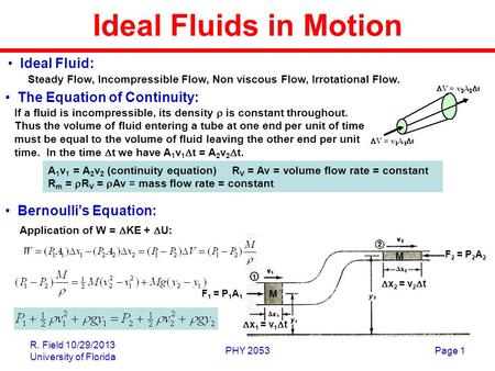 R. Field 10/29/2013 University of Florida PHY 2053Page 1 Ideal Fluids in Motion Bernoulli’s Equation: The Equation of Continuity: Steady Flow, Incompressible.