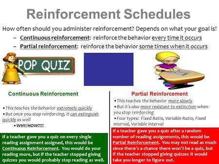 Reinforcement Schedules How often should you administer reinforcement? Depends on what your goal is! –Continuous reinforcement: reinforce the behavior.
