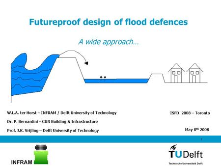 1 Futureproof design of flood defences A wide approach… ISFD 2008 – Toronto W.L.A. ter Horst – INFRAM / Delft University of Technology Dr. P. Bernardini.