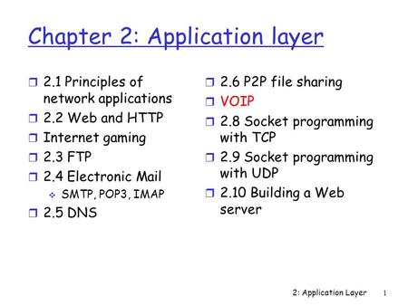 2: Application Layer 1 Chapter 2: Application layer r 2.1 Principles of network applications r 2.2 Web and HTTP r Internet gaming r 2.3 FTP r 2.4 Electronic.