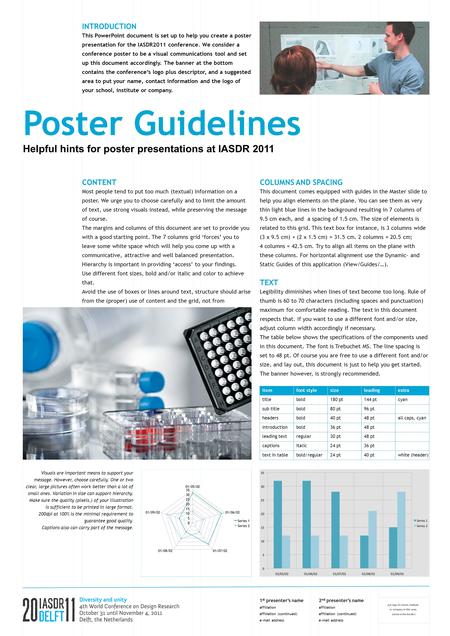 Poster Guidelines Helpful hints for poster presentations at IASDR 2011 INTRODUCTION This PowerPoint document is set up to help you create a poster presentation.