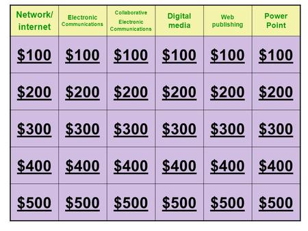 Network/ internet Electronic Communications Collaborative Electronic Communications Digital media Web publishing Power Point $100 $200 $300 $400 $500.