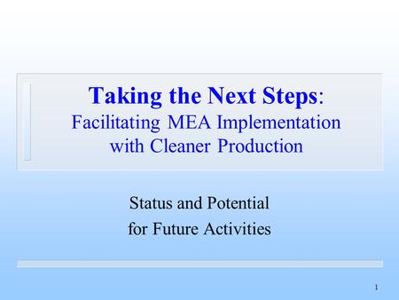 1 Taking the Next Steps: Facilitating MEA Implementation with Cleaner Production Status and Potential for Future Activities.