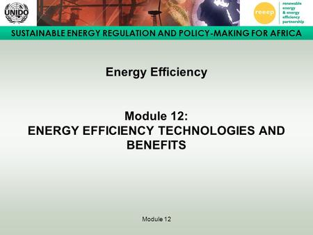 SUSTAINABLE ENERGY REGULATION AND POLICY-MAKING FOR AFRICA Module 12 Energy Efficiency Module 12: ENERGY EFFICIENCY TECHNOLOGIES AND BENEFITS.