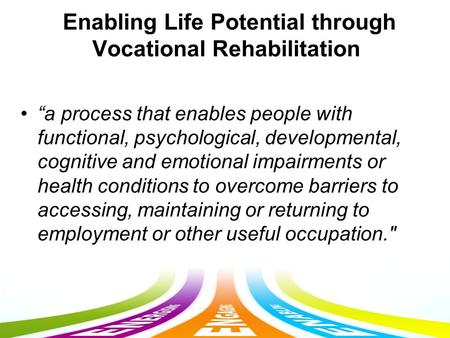 Enabling Life Potential through Vocational Rehabilitation “a process that enables people with functional, psychological, developmental, cognitive and emotional.