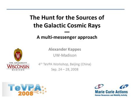 Alexander Kappes UW-Madison 4 th TeVPA Workshop, Beijing (China) Sep. 24 – 28, 2008 The Hunt for the Sources of the Galactic Cosmic Rays — A multi-messenger.