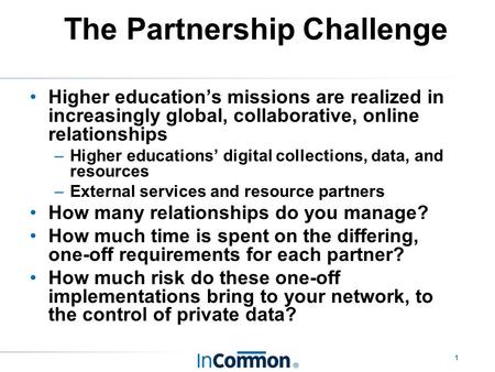 1 The Partnership Challenge Higher education’s missions are realized in increasingly global, collaborative, online relationships –Higher educations’ digital.