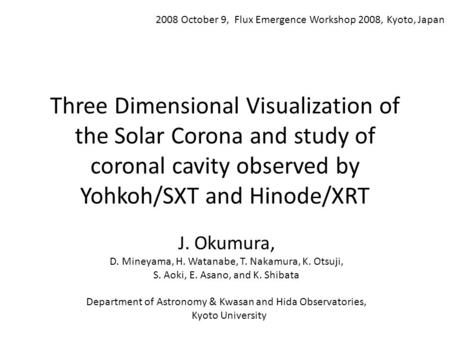 Three Dimensional Visualization of the Solar Corona and study of coronal cavity observed by Yohkoh/SXT and Hinode/XRT J. Okumura, D. Mineyama, H. Watanabe,