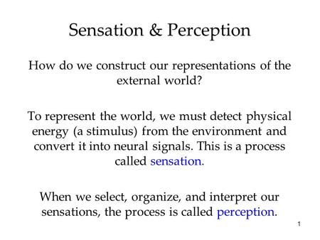 1 Sensation & Perception How do we construct our representations of the external world? To represent the world, we must detect physical energy (a stimulus)
