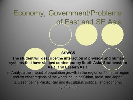 Economy, Government/Problems of East and SE Asia SSWG5 The student will describe the interaction of physical and human systems that have shaped contemporary.