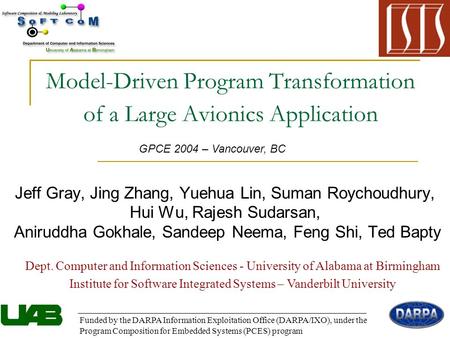 Model-Driven Program Transformation of a Large Avionics Application Jeff Gray, Jing Zhang, Yuehua Lin, Suman Roychoudhury, Hui Wu, Rajesh Sudarsan, Aniruddha.