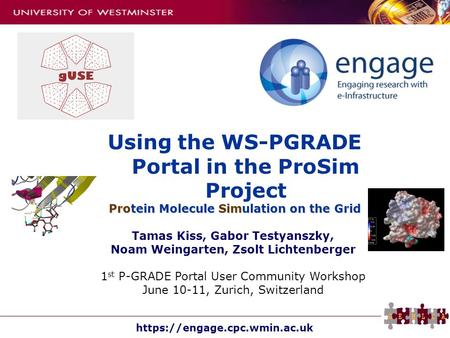 Https://engage.cpc.wmin.ac.uk Using the WS-PGRADE Portal in the ProSim Project Protein Molecule Simulation on the Grid Tamas Kiss, Gabor Testyanszky, Noam.
