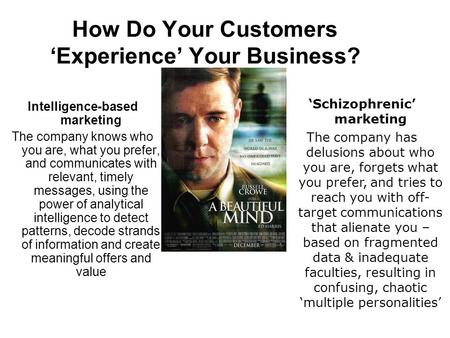 How Do Your Customers ‘Experience’ Your Business? Intelligence-based marketing The company knows who you are, what you prefer, and communicates with relevant,