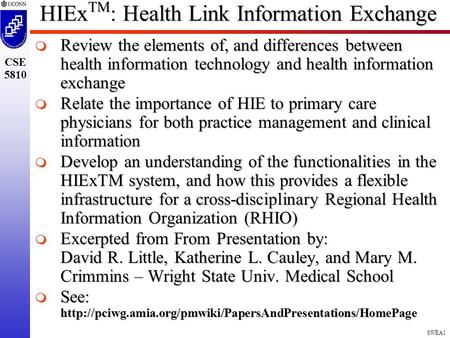SWEA1 CSE 5810 HIEx TM : Health Link Information Exchange  Review the elements of, and differences between health information technology and health information.