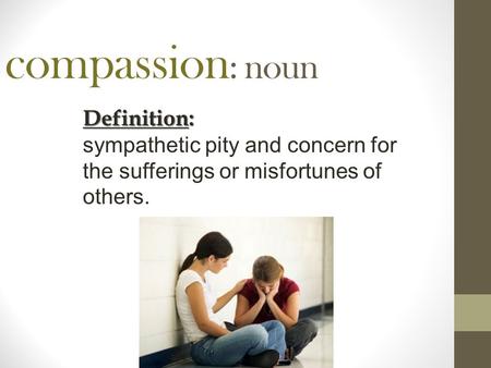 Compassion : noun Definition: sympathetic pity and concern for the sufferings or misfortunes of others.