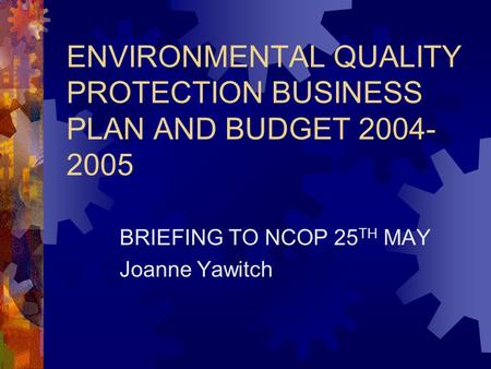 ENVIRONMENTAL QUALITY PROTECTION BUSINESS PLAN AND BUDGET 2004- 2005 BRIEFING TO NCOP 25 TH MAY Joanne Yawitch.