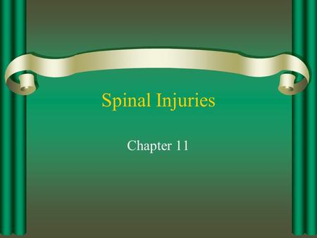 Spinal Injuries Chapter 11. Anatomy of the Spine Cervical Vertebrae – 7 Thoracic Vertebrae – 12 Lumbar Vertebrae – 5 Sacrum – 5 fused Coccyx – 4 fused.