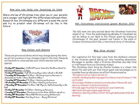 KS1 Christmas Curriculum Quest Winter 2013 The KS1 team are very excited about the Christmas festivities ahead of us. From the week beginning Monday 2.