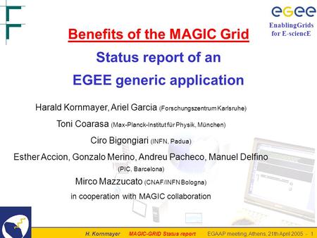 H. Kornmayer MAGIC-GRID Status report EGAAP meeting, Athens, 21th April 2005 - 1 EnablingGrids for E-sciencE Benefits of the MAGIC Grid Status report of.