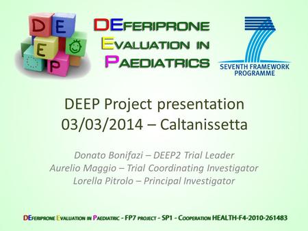 DEEP Project presentation 03/03/2014 – Caltanissetta Donato Bonifazi – DEEP2 Trial Leader Aurelio Maggio – Trial Coordinating Investigator Lorella Pitrolo.