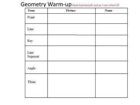 Geometry Warm-up Have homework out so I can check it!
