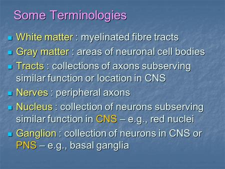Some Terminologies White matter : myelinated fibre tracts White matter : myelinated fibre tracts Gray matter : areas of neuronal cell bodies Gray matter.