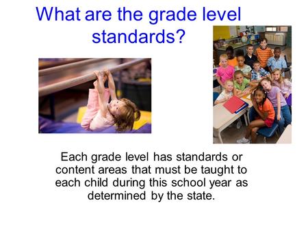 What are the grade level standards? Each grade level has standards or content areas that must be taught to each child during this school year as determined.