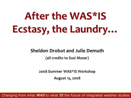 After the WAS*IS Ecstasy, the Laundry… Sheldon Drobot and Julie Demuth (all credits to Susi Moser) 2008 Summer WAS*IS Workshop August 15, 2008.
