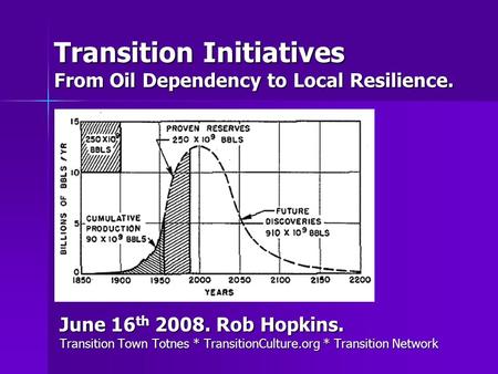 Transition Initiatives From Oil Dependency to Local Resilience. June 16 th 2008. Rob Hopkins. Transition Town Totnes * TransitionCulture.org * Transition.