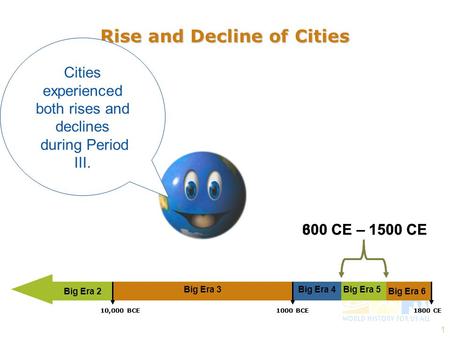 1 Rise and Decline of Cities Cities experienced both rises and declines during Period III. Big Era 2 300 CE – 1500 CE Big Era 3Big Era 5Big Era 4 1800.