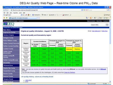 DEQ Air Quality Web Page – Real-time Ozone and PM 2.5 Data.