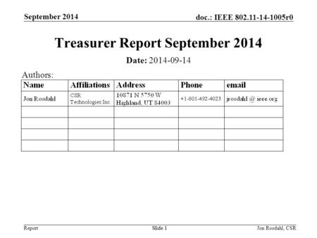 Report doc.: IEEE 802.11-14-1005r0 September 2014 Slide 1Jon Rosdahl, CSRSlide 1 Treasurer Report September 2014 Date: 2014-09-14 Authors: