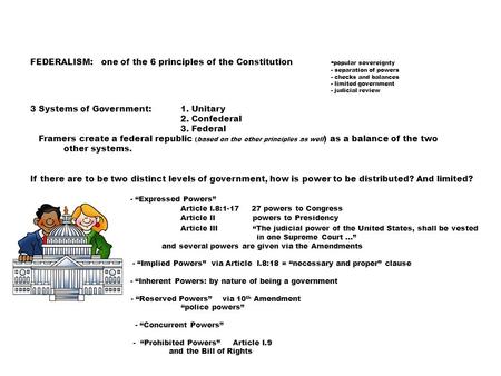 FEDERALISM: one of the 6 principles of the Constitution- popular sovereignty - separation of powers - checks and balances - limited government - judicial.