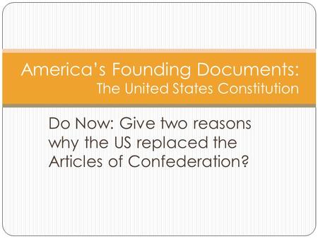 Do Now: Give two reasons why the US replaced the Articles of Confederation? America’s Founding Documents: The United States Constitution.