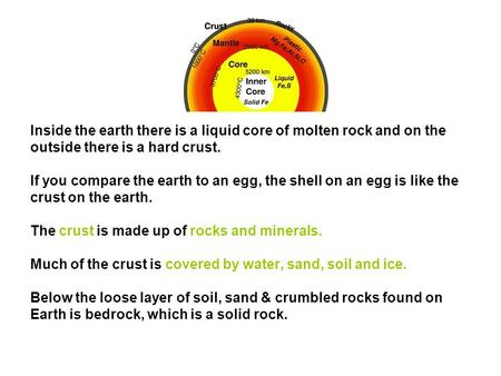 THE EARTH'S CRUST The whole earth is made of rocks & minerals. I Inside the earth there is a liquid core of molten rock and on the outside there is a hard.