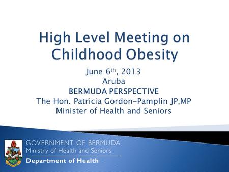 June 6 th, 2013 Aruba BERMUDA PERSPECTIVE The Hon. Patricia Gordon-Pamplin JP,MP Minister of Health and Seniors.