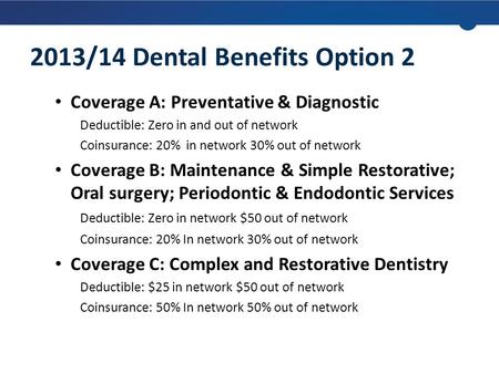 Coverage A: Preventative & Diagnostic Deductible: Zero in and out of network Coinsurance: 20% in network 30% out of network Coverage B: Maintenance & Simple.