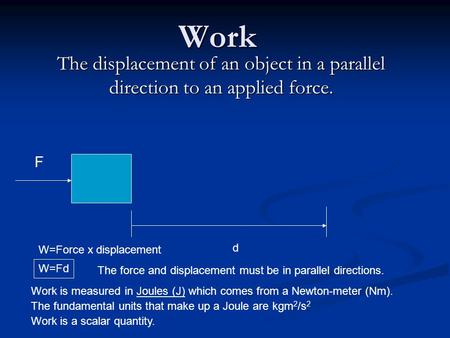 Work The displacement of an object in a parallel direction to an applied force. F d W=Force x displacement Work is measured in Joules (J) which comes from.