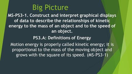 Big Picture MS-PS3-1. Construct and interpret graphical displays of data to describe the relationships of kinetic energy to the mass of an object and to.