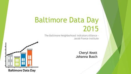 Baltimore Data Day 2015 The Baltimore Neighborhood Indicators Alliance – Jacob France Institute Cheryl Knott Johanna Busch.