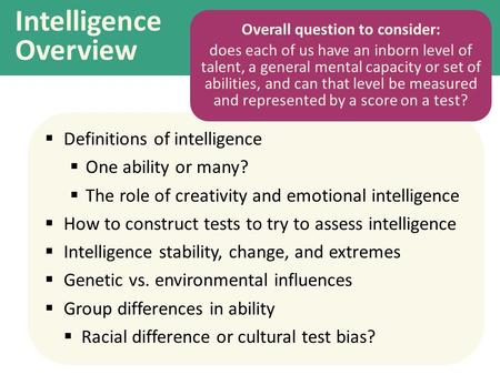 Intelligence Overview  Definitions of intelligence  One ability or many?  The role of creativity and emotional intelligence  How to construct tests.