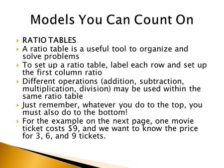 Models You Can Count On RATIO TABLES