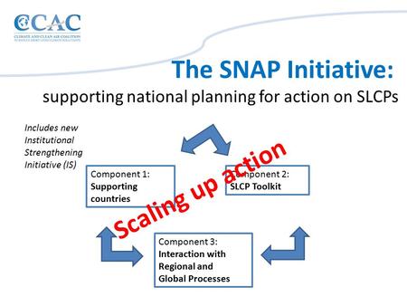 Component 1: Supporting countries Component 2: SLCP Toolkit Component 3: Interaction with Regional and Global Processes The SNAP Initiative: supporting.