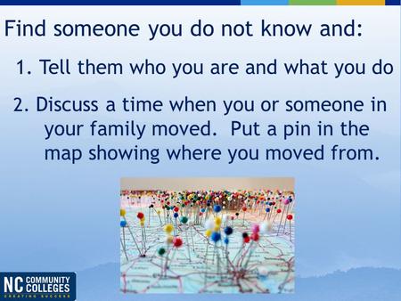 Find someone you do not know and: 1. Tell them who you are and what you do 2. Discuss a time when you or someone in your family moved. Put a pin in the.