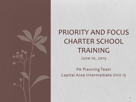 June 10, 2015 PA Planning Team Capital Area Intermediate Unit 15 PRIORITY AND FOCUS CHARTER SCHOOL TRAINING 1.